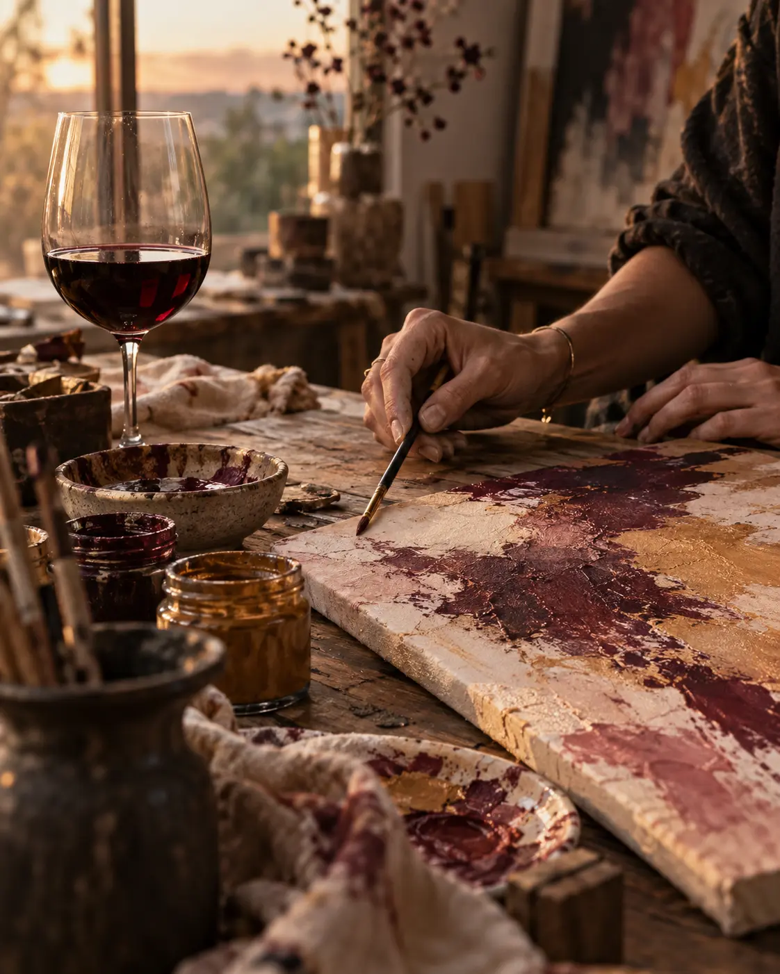 An artist painting at a warm dinner table