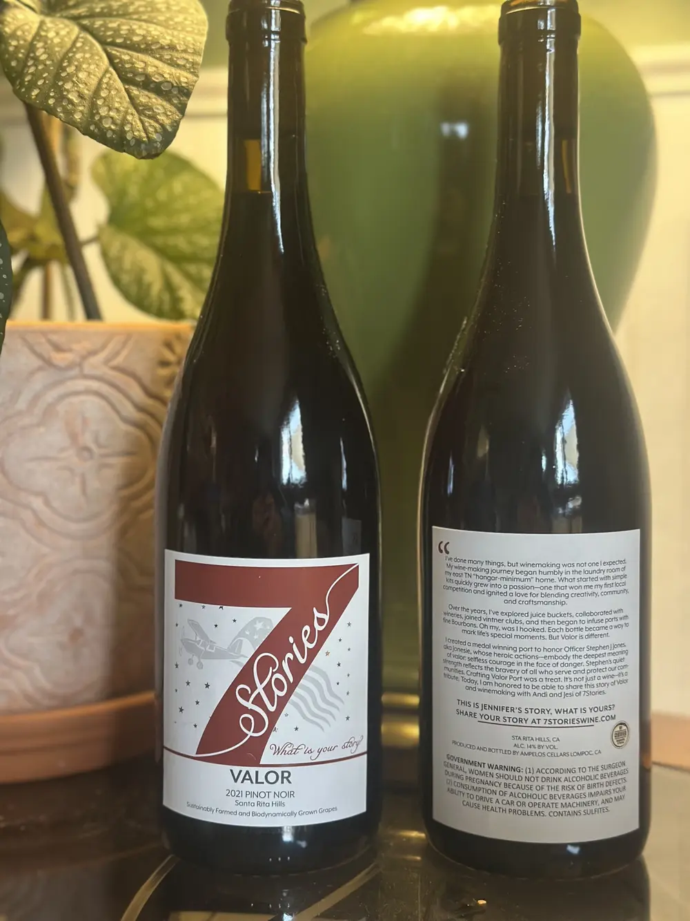 Original 7 Stories Valor Pinot Noir bottle photograph showing the authentic label